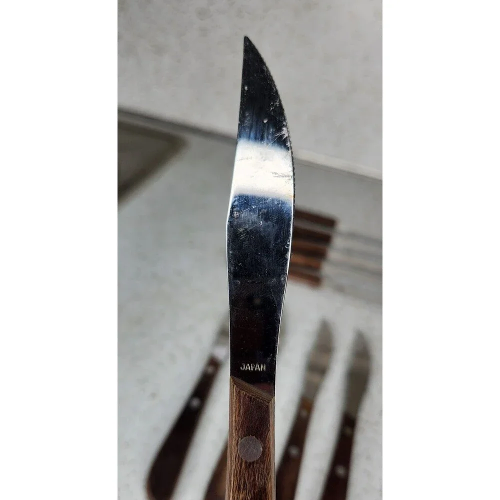 Vintage Stainless Serrated Steak Knives Wood Handle Japan 8